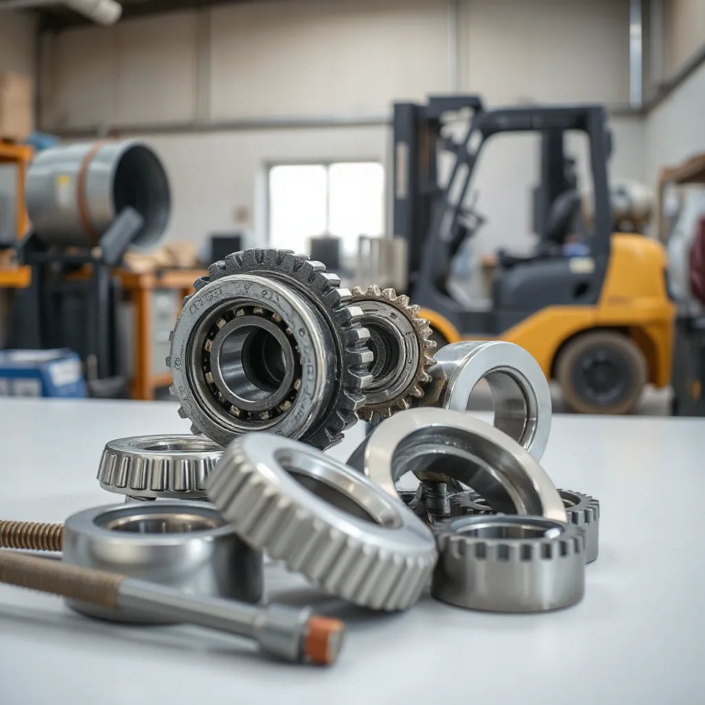 Metal industrial replacement parts and hydraulic components arranged on a clean workbench with blurred lift equipment in background