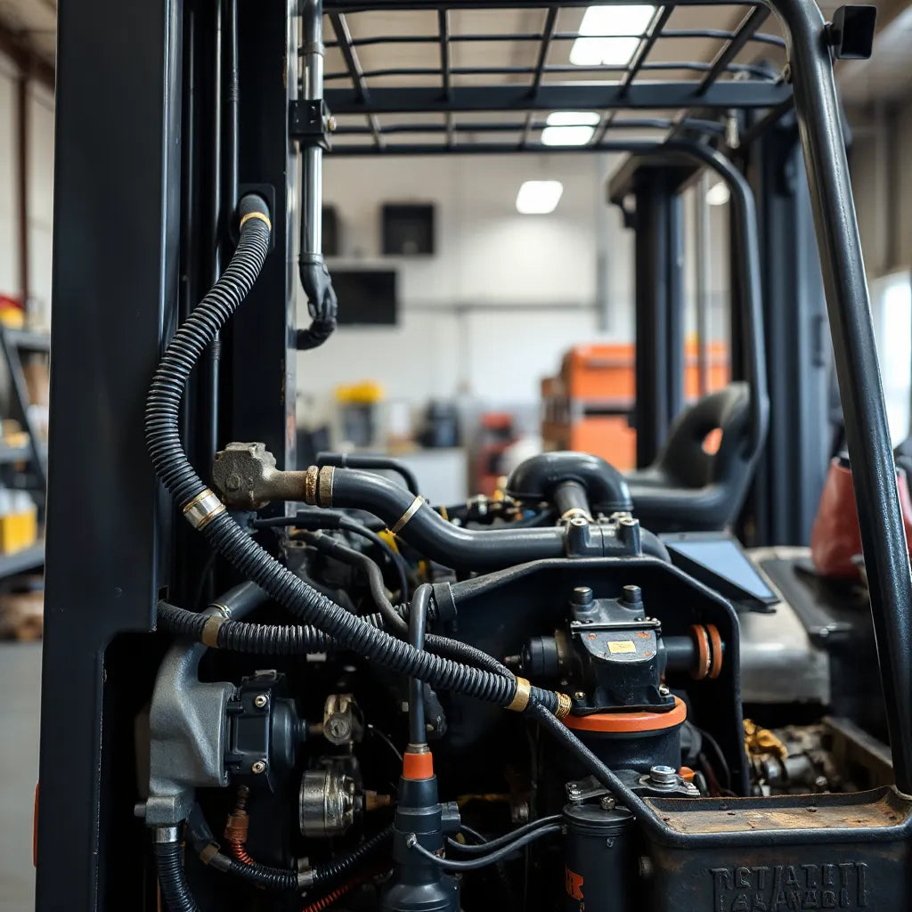 Mechanic inspecting visible forklift engine components in a workshop engine compartment