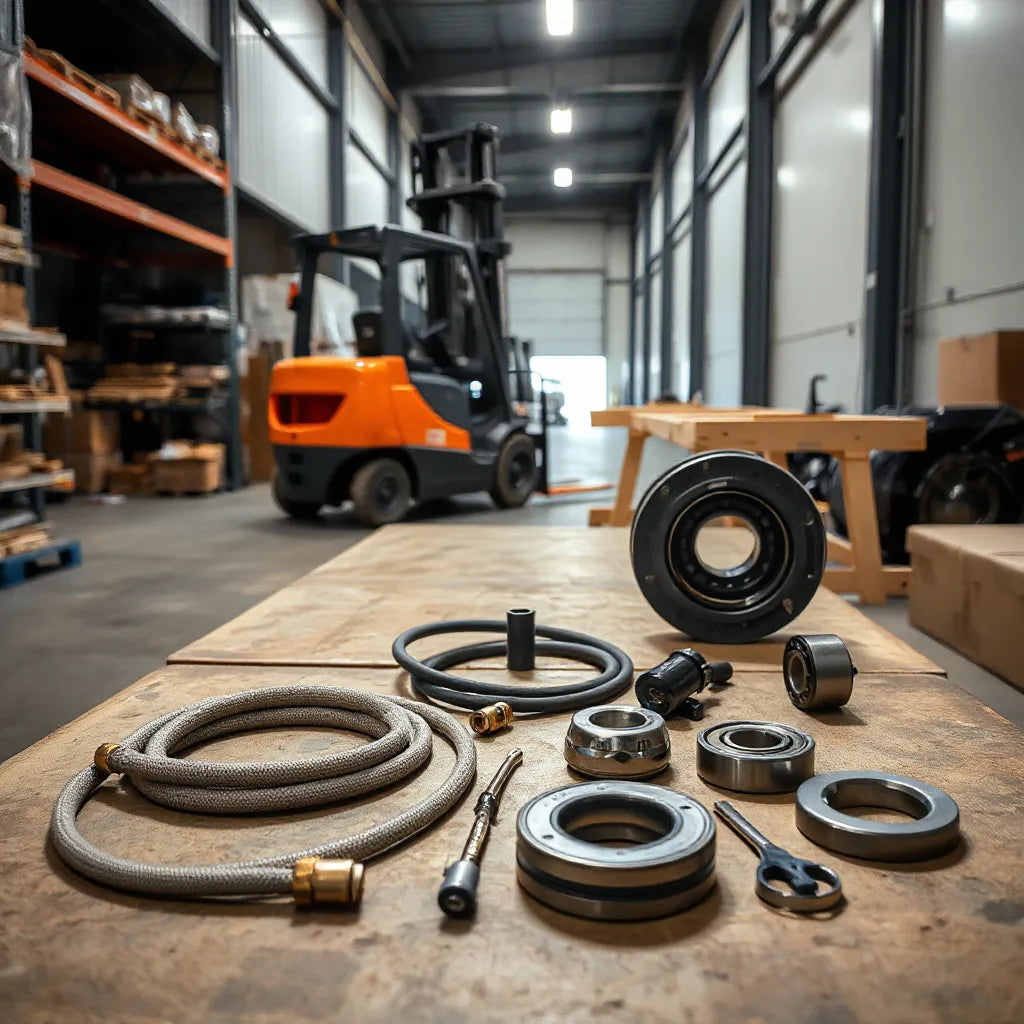 Forklift parked in a warehouse with organized replacement components on a workbench