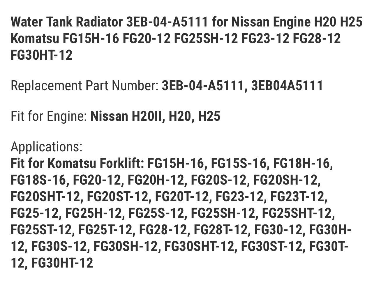 Radiator 3EB-04-A5111 for Nissan Engine H20 H25 Komatsu Forklift