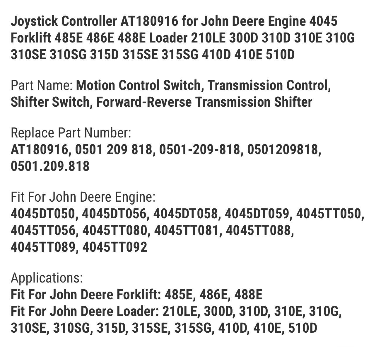 Joystick Controller AT180916 for John Deere Engine 4045 Forklift 488E Loader