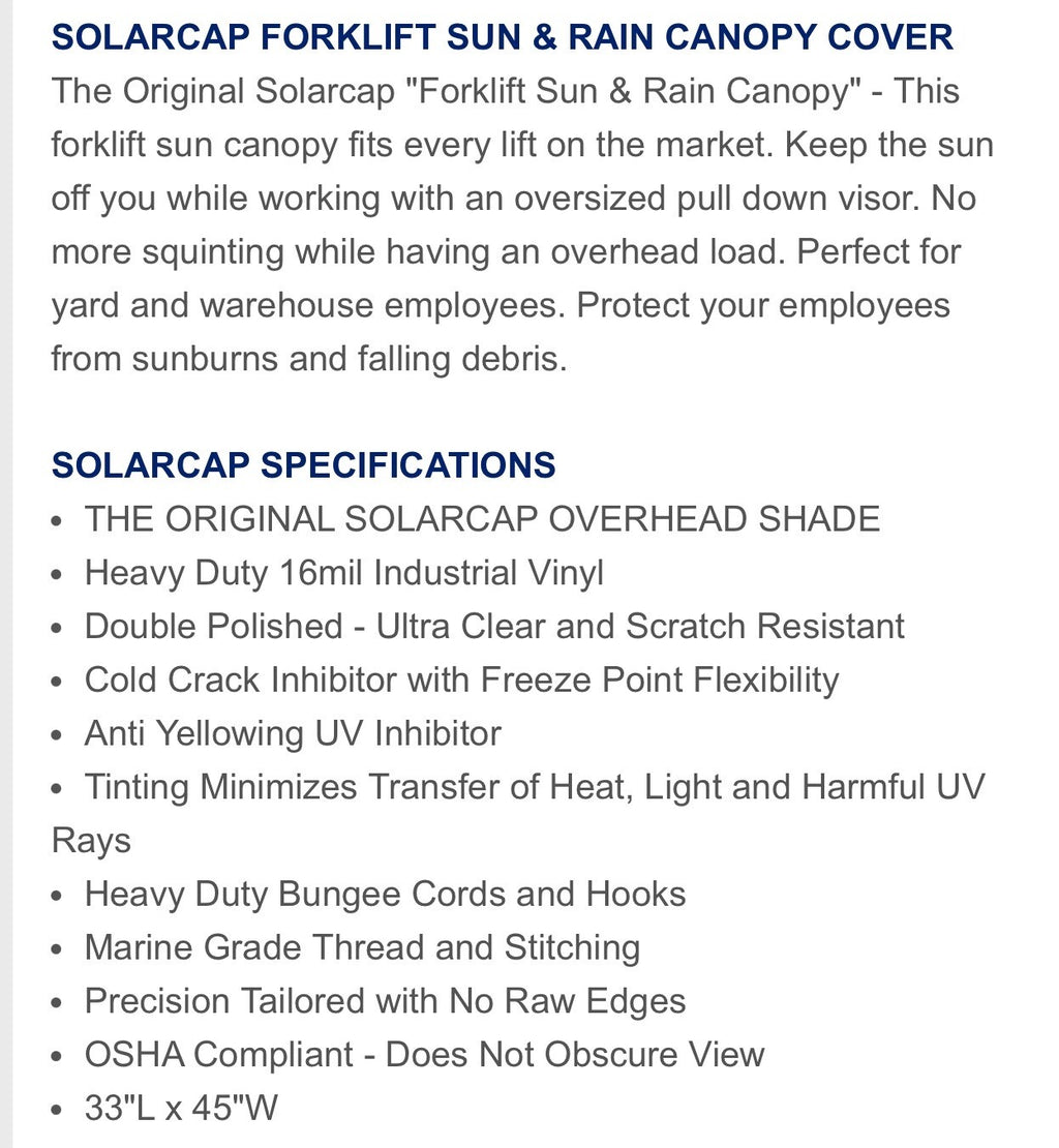 UNIVERSAL FORKLIFT SOLAR CAP | 33"L x 44"W | FITS ALL MODELS
