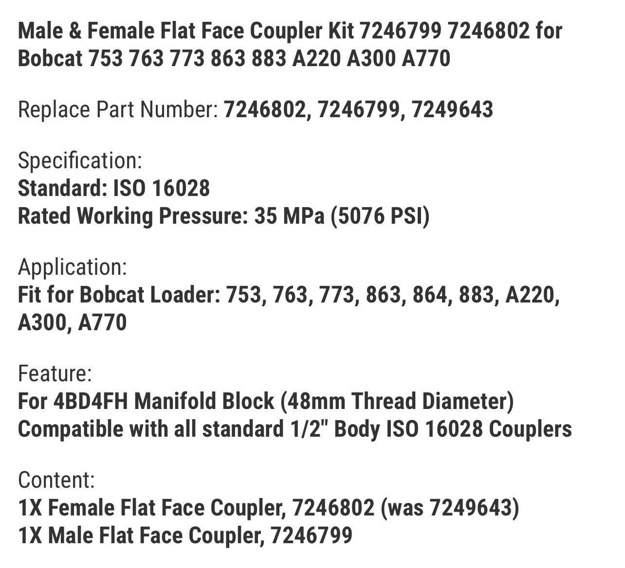 Male & Female Flat Face Coupler Kit 7246799 7246802 for Bobcat 753 763 773 863