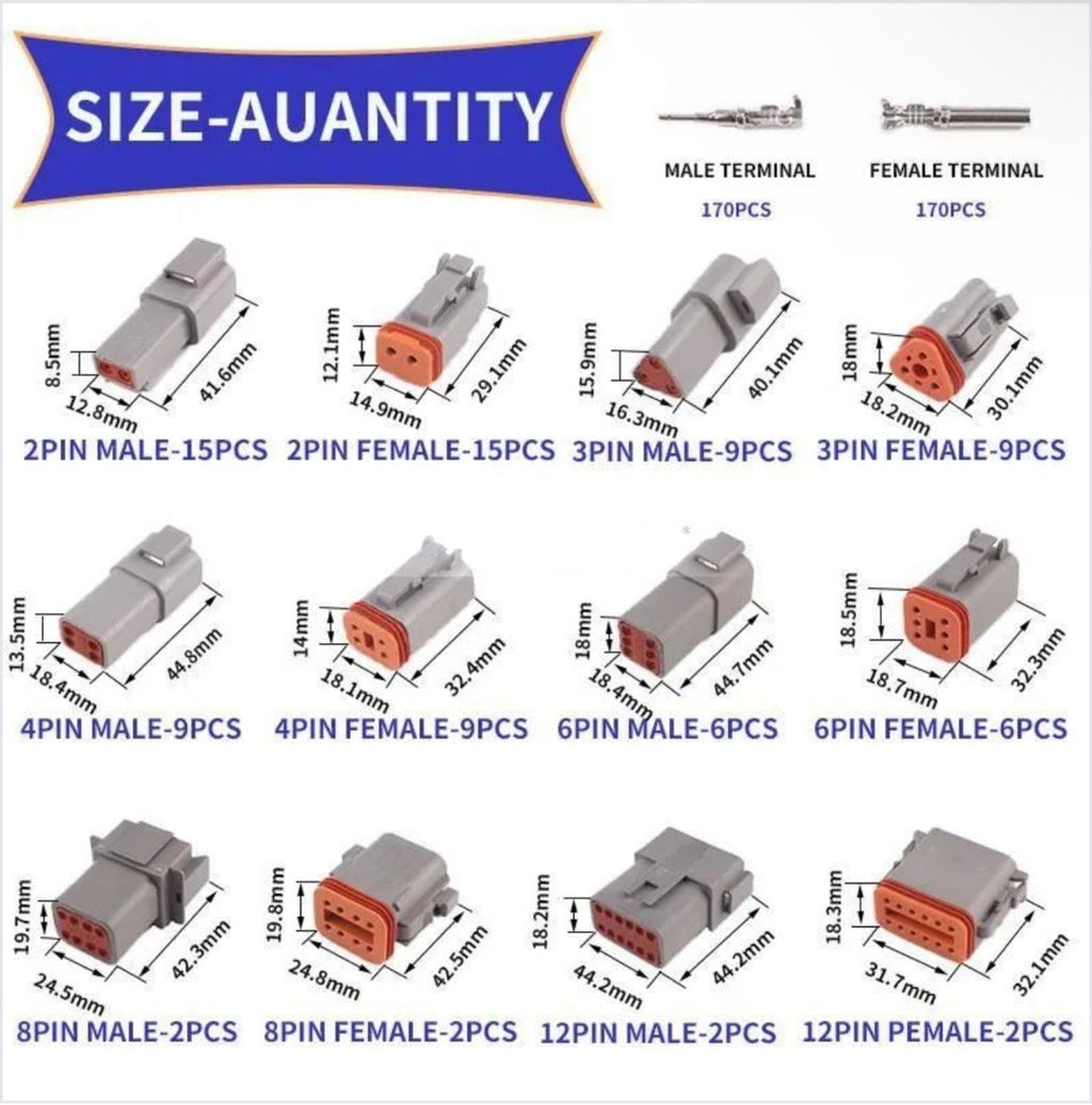 695pc Deutsch DT Connector Kit 14-20 AWG Waterproof Plug Wire Connectors Set