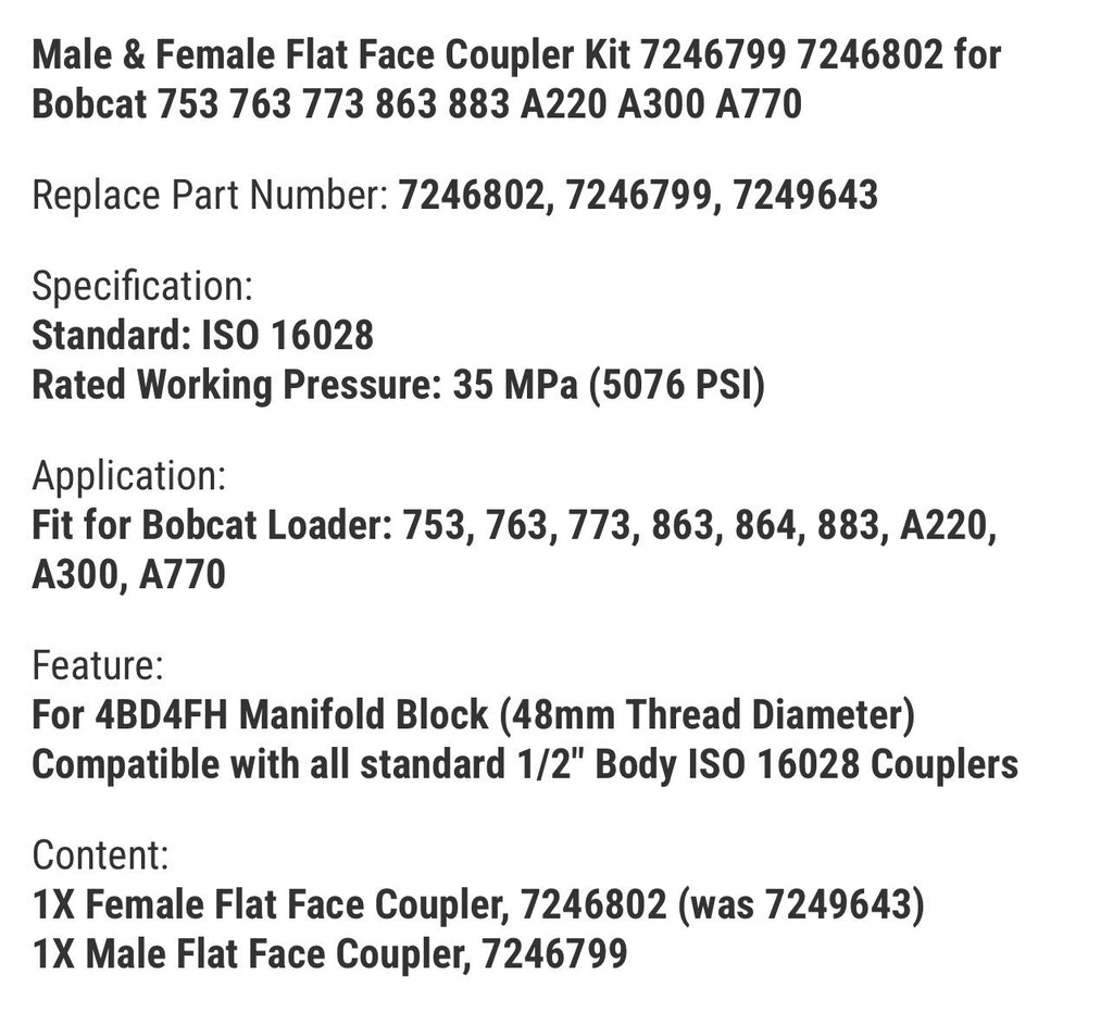 Male & Female Flat Face Coupler Kit 7246799 7246802 for Bobcat 753 763 773 863