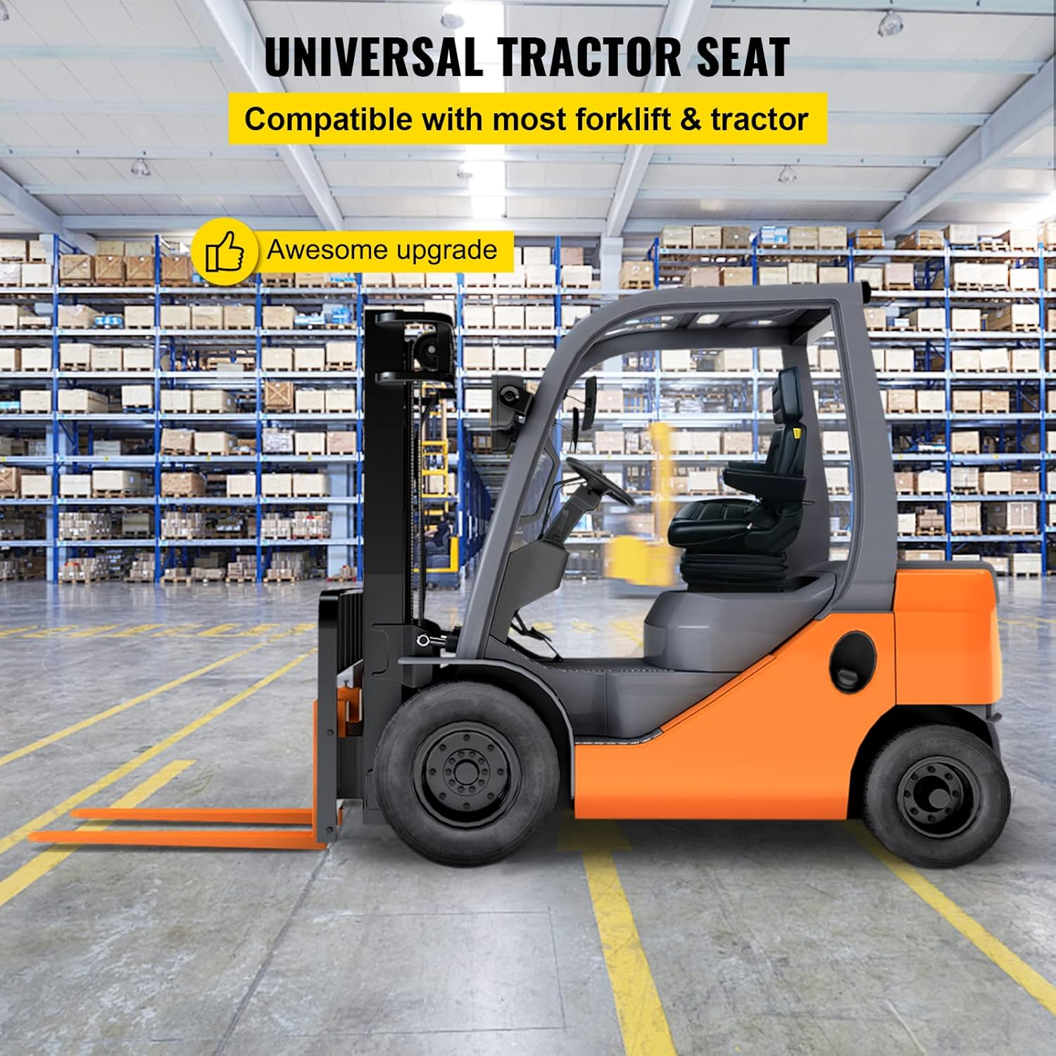 Forklift Seat w/ Slide Rails, Foldable for Tractor Forklift Excavator Skid Steer
