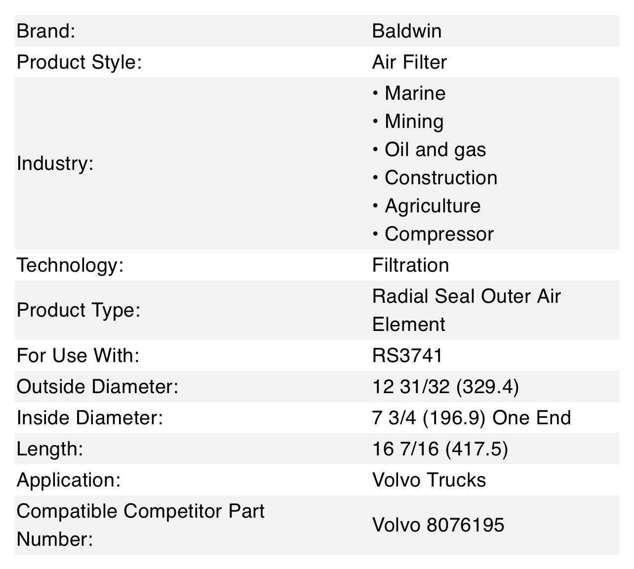 Baldwin RS3740 Air Filter | NEW (Open Box) OD: 12 31/32" ID: 7 3/4"