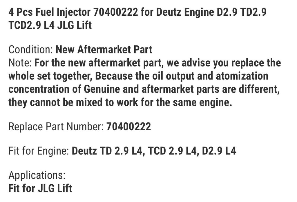 4 Pcs Fuel Injector 70400222 for Deutz Engine D2.9 TD2.9 TCD2.9 L4 JLG Lift