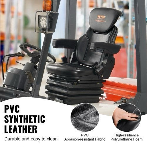 Forklift Tractor Seat Suspension Adjustable Backrest Armrest | Black Vinyl