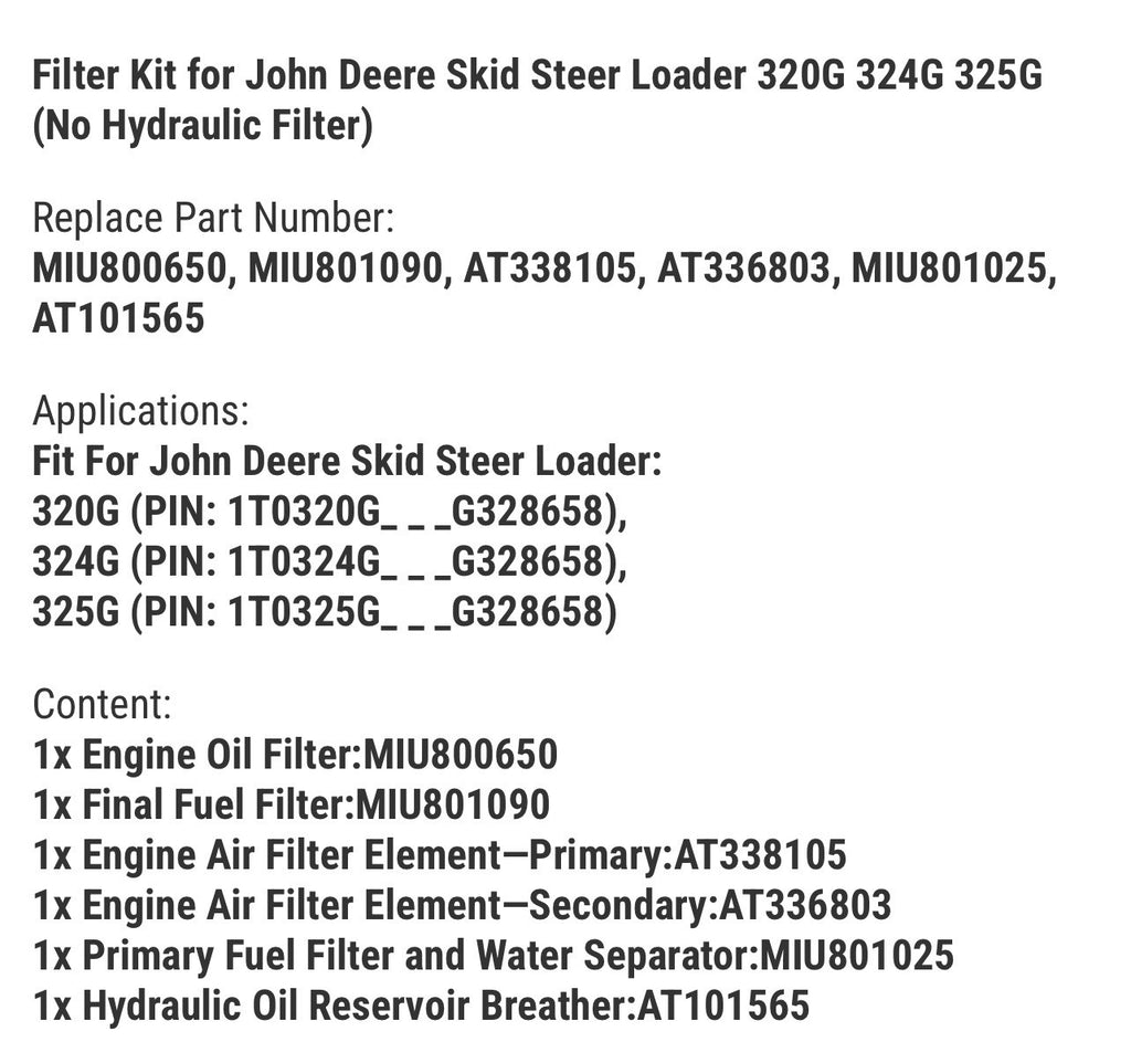 Filter Kit for John Deere Skid Steer Loader 320G 324G 325G (No Hydraulic Filter)