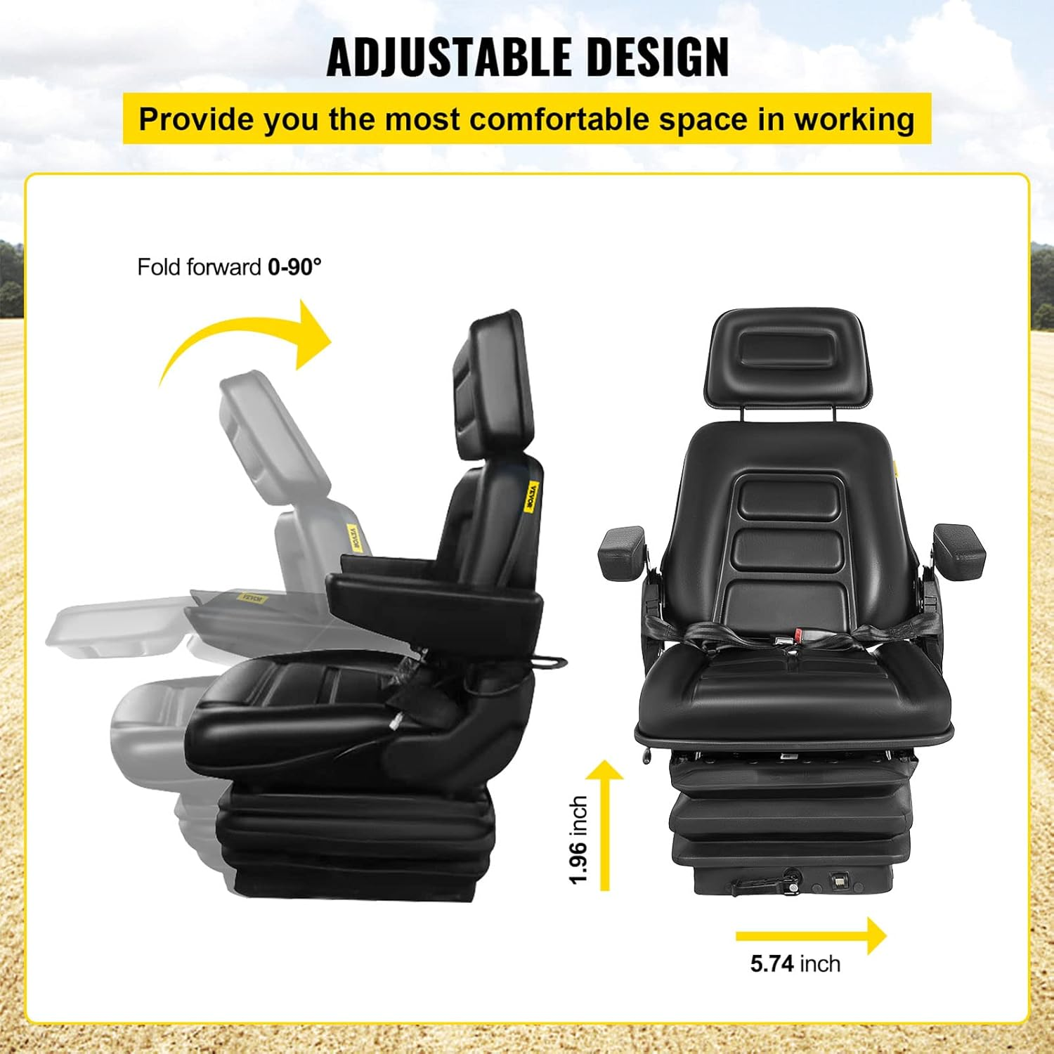 Forklift Seat w/ Slide Rails, Foldable for Tractor Forklift Excavator Skid Steer