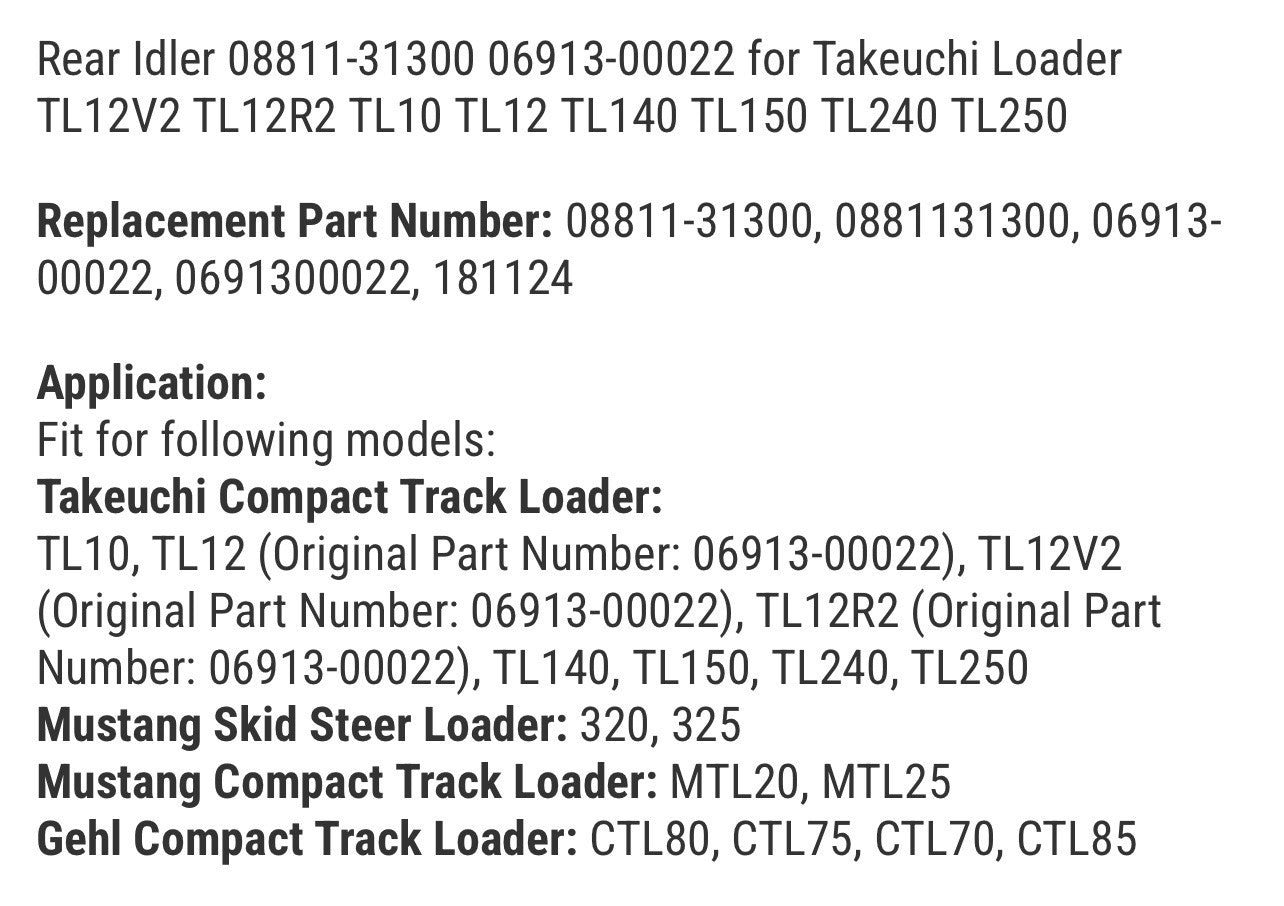 Rear Track Idler for Takeuchi TL10 TL12 TL140 TL150 TL240 TL250 0881131300