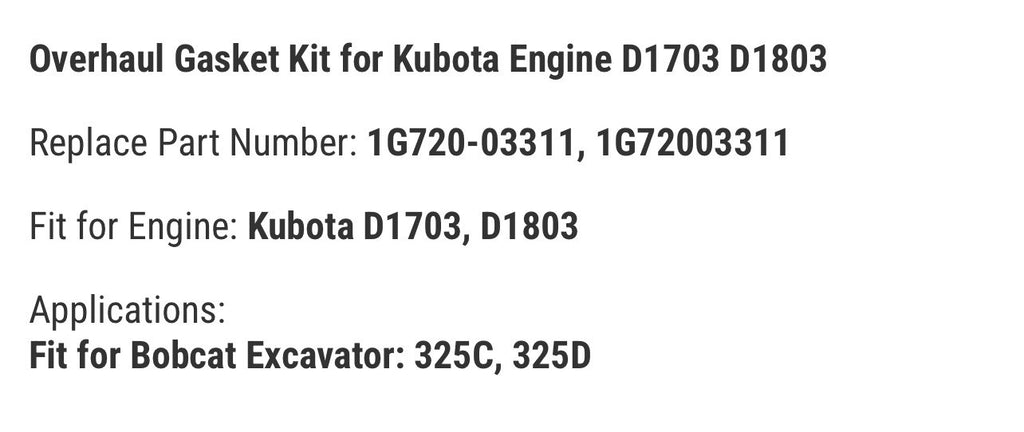 Overhaul Gasket Kit for Kubota Engine D1703 D1803