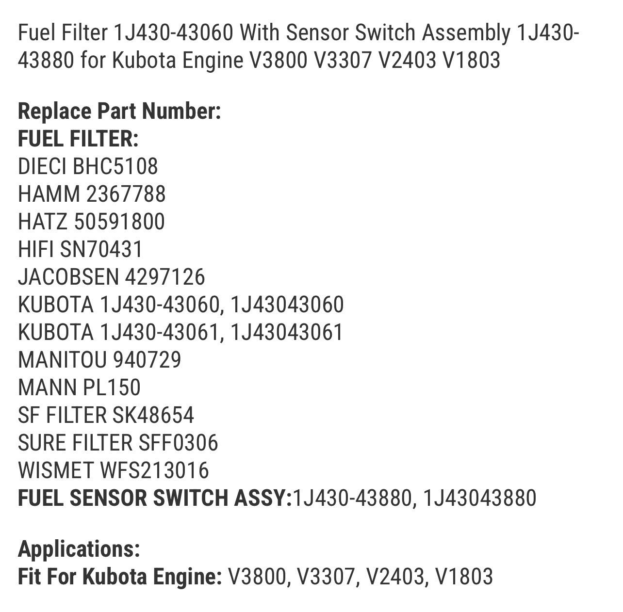 Fuel Filter 1J430-43060 With Sensor Switch Assembly 1J430-43880 for Kubota