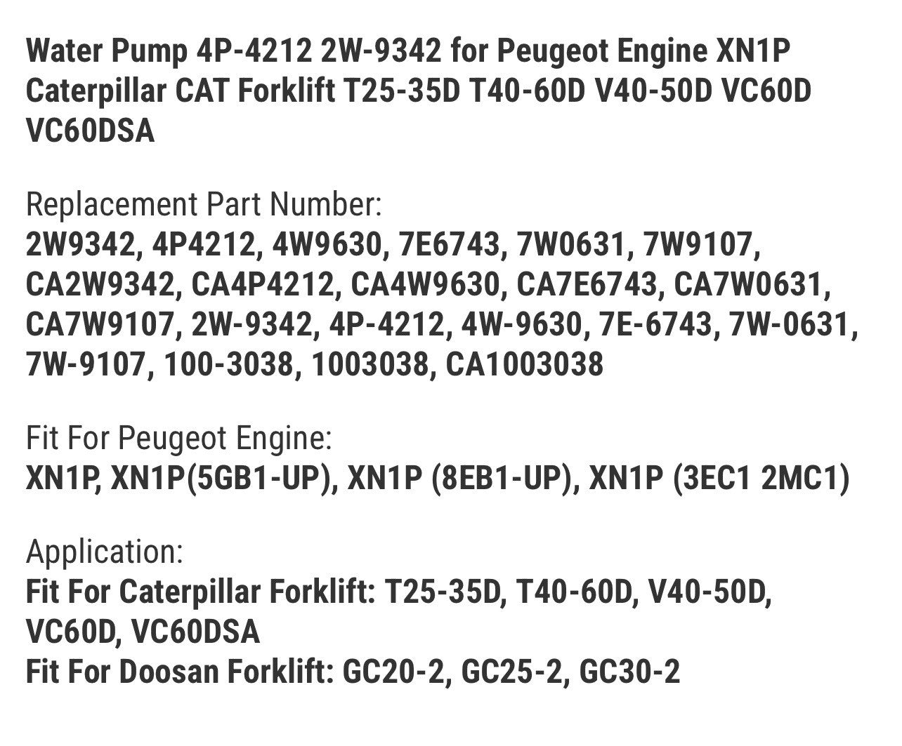 Water Pump 4P-4212 2W-9342 for Peugeot Engine XN1P Caterpillar Forklift T25-35D