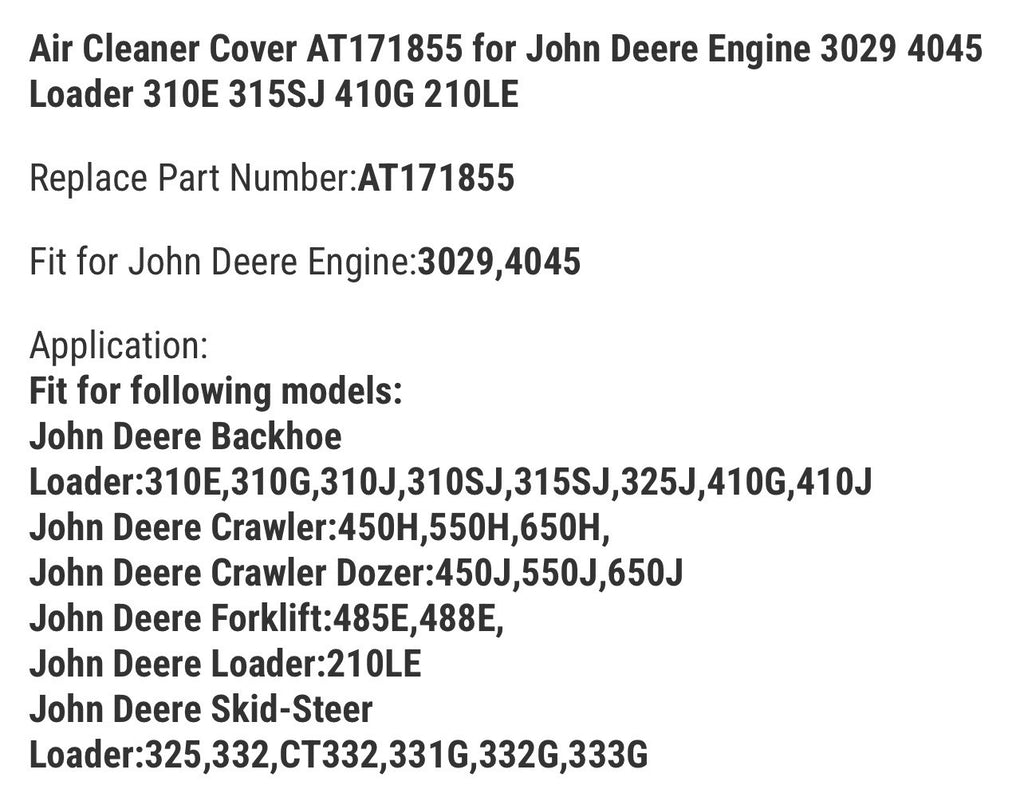 Air Cleaner Cover AT171855 for John Deere Engine 3029 4045 Loader