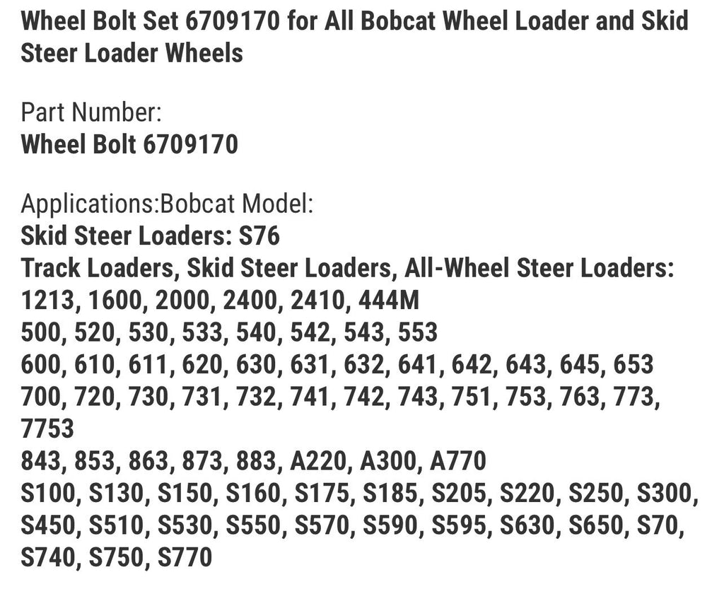 8pcs Wheel Bolt Set 6709170 for All Bobcat Wheel Loader and Skid Steer
