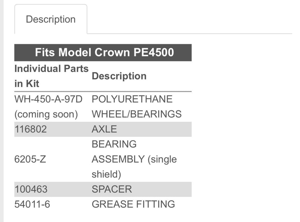 Crown PE 4500 Pallet Jack Load Wheel Kit 3.25 x 6.5 Polyurethane New