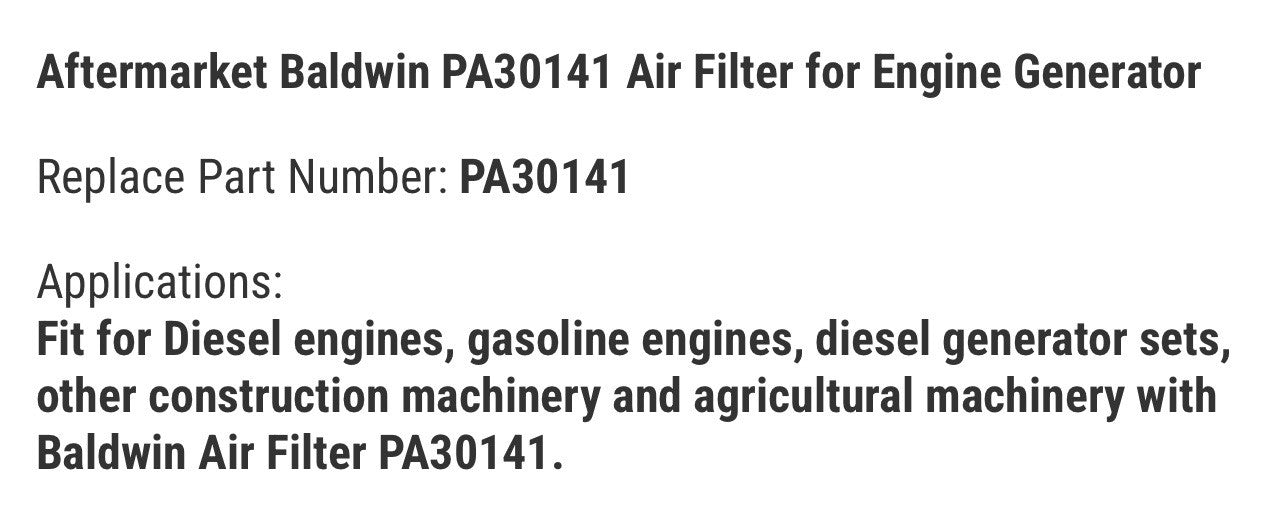 Aftermarket Baldwin PA30141 Air Filter for Engine Generator