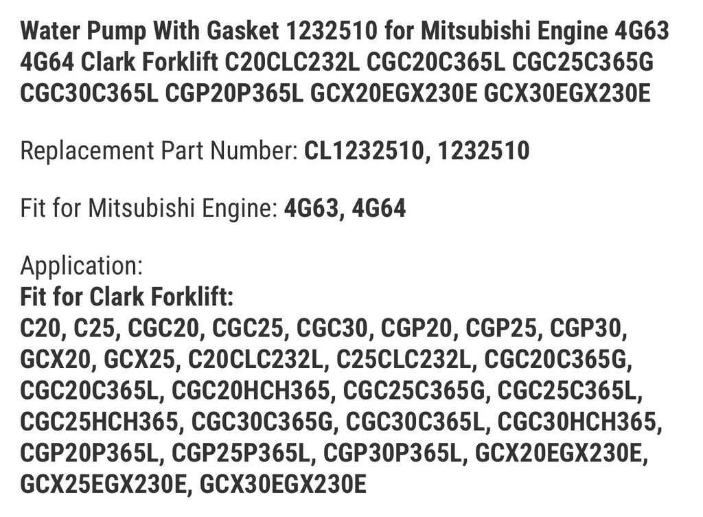 Water Pump With Gasket 1232510 for Mitsubishi Engine 4G63 4G64 Clark Forklift