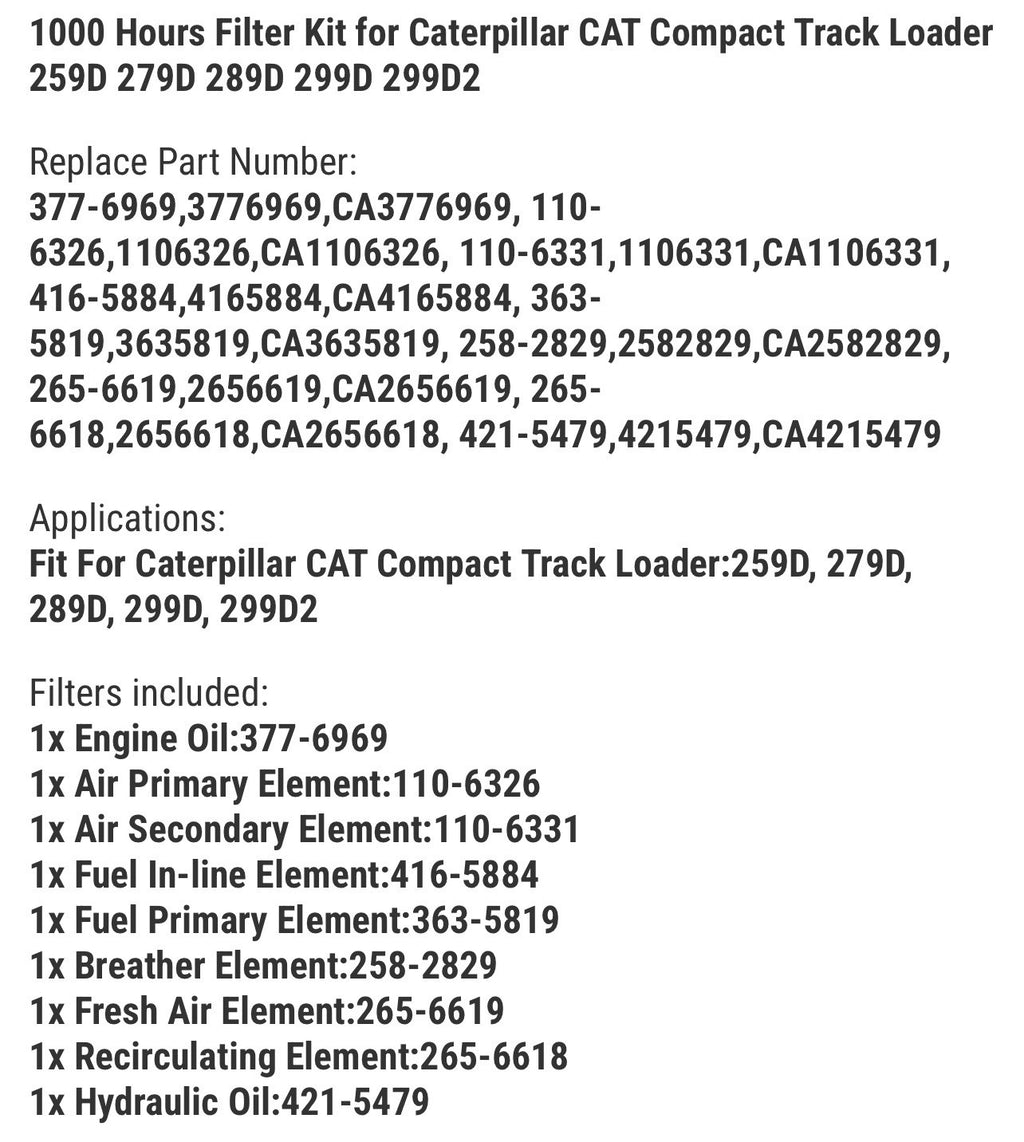 1000 Hours Filter Kit for Caterpillar CAT Compact Track Loader 259D 279D 289D 29