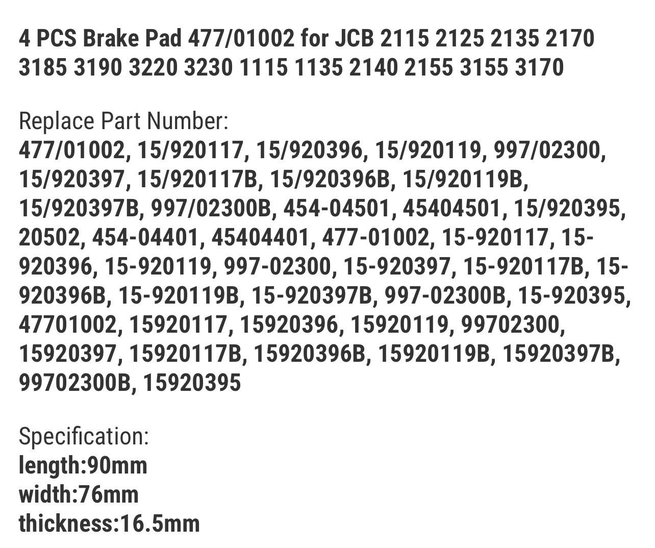 4 PCS Brake Pad 477/01002 for JCB 2115 2125 2135 2170 3185 3190 3220 3230 1115