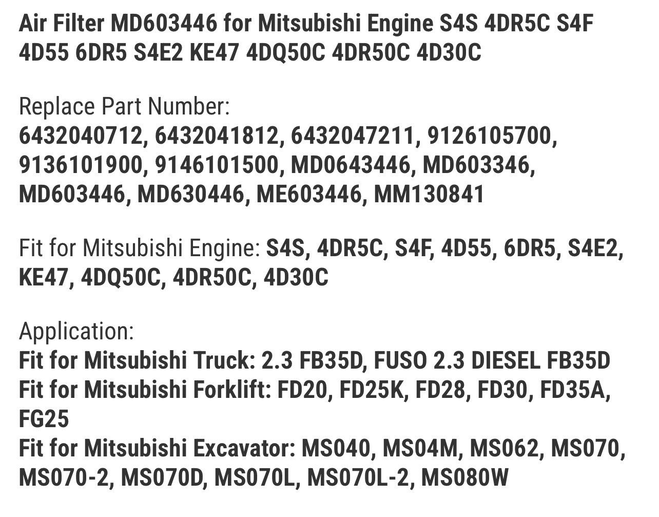 Air Filter MD603446 for Mitsubishi Forklift Engine S4S 4DR5C S4F 4D55 6DR5 S4E2
