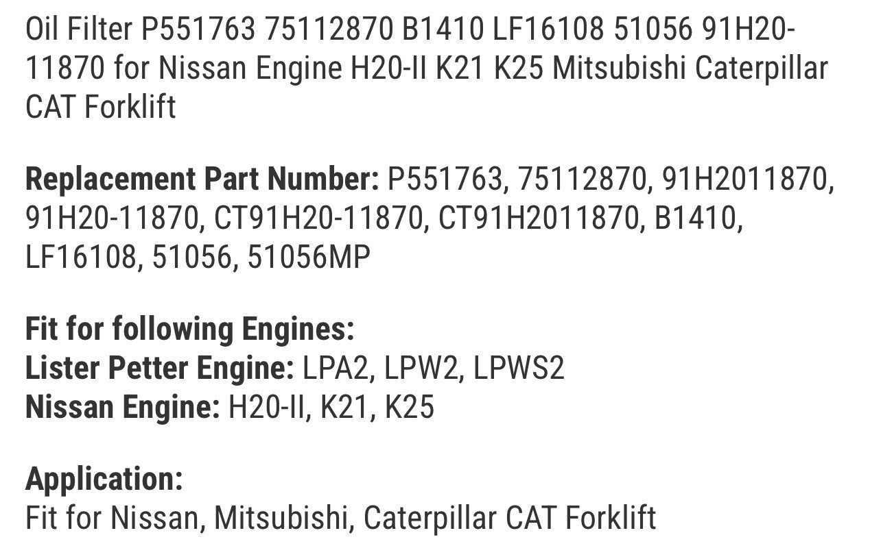 Oil Filter P551763 75112870 B1410 LF16108 51056 91H20-11870 for Nissan Engine