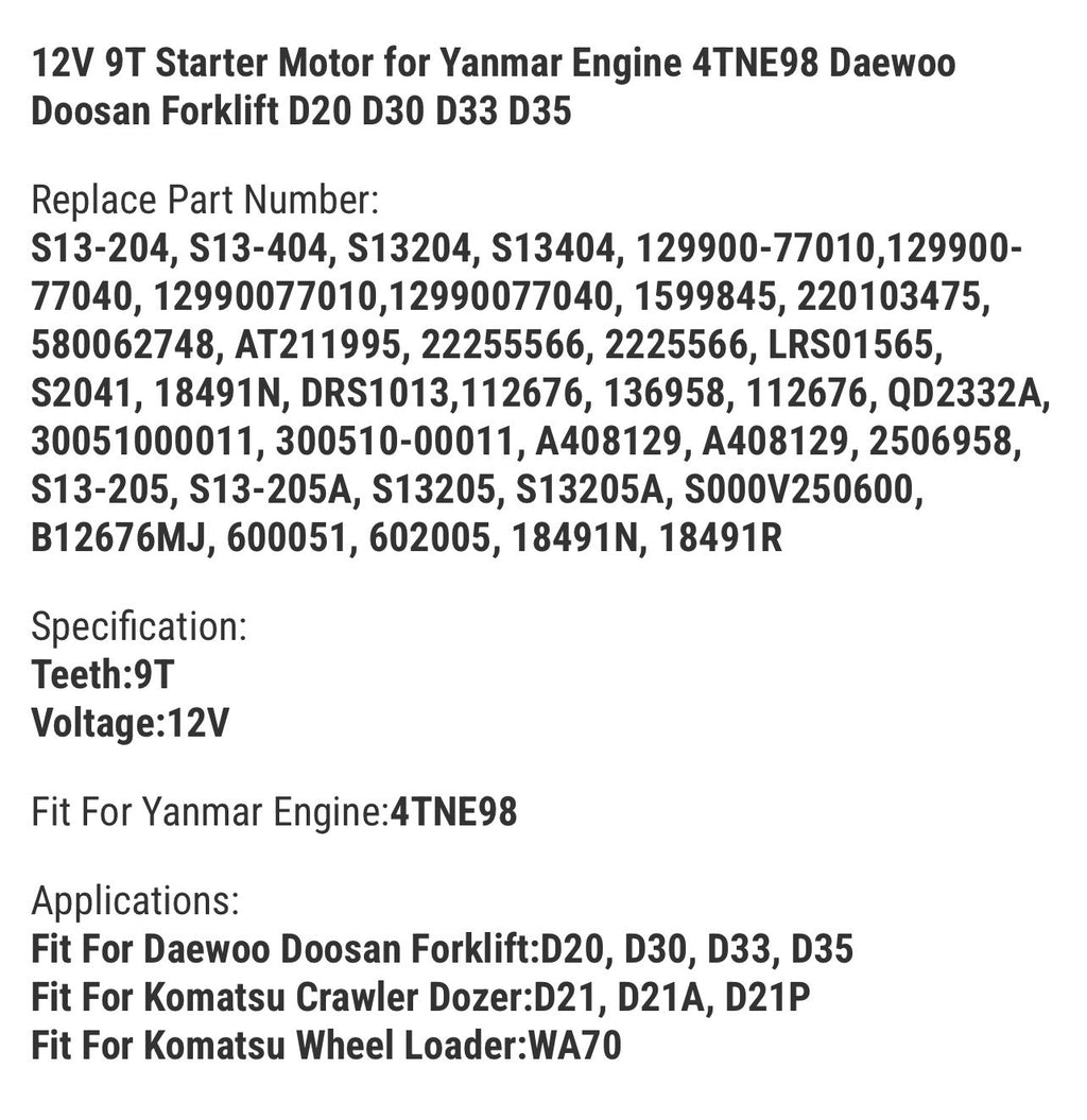 12V 9T Starter Motor for Yanmar Engine 4TNE98 Daewoo Doosan Forklift D20 D30