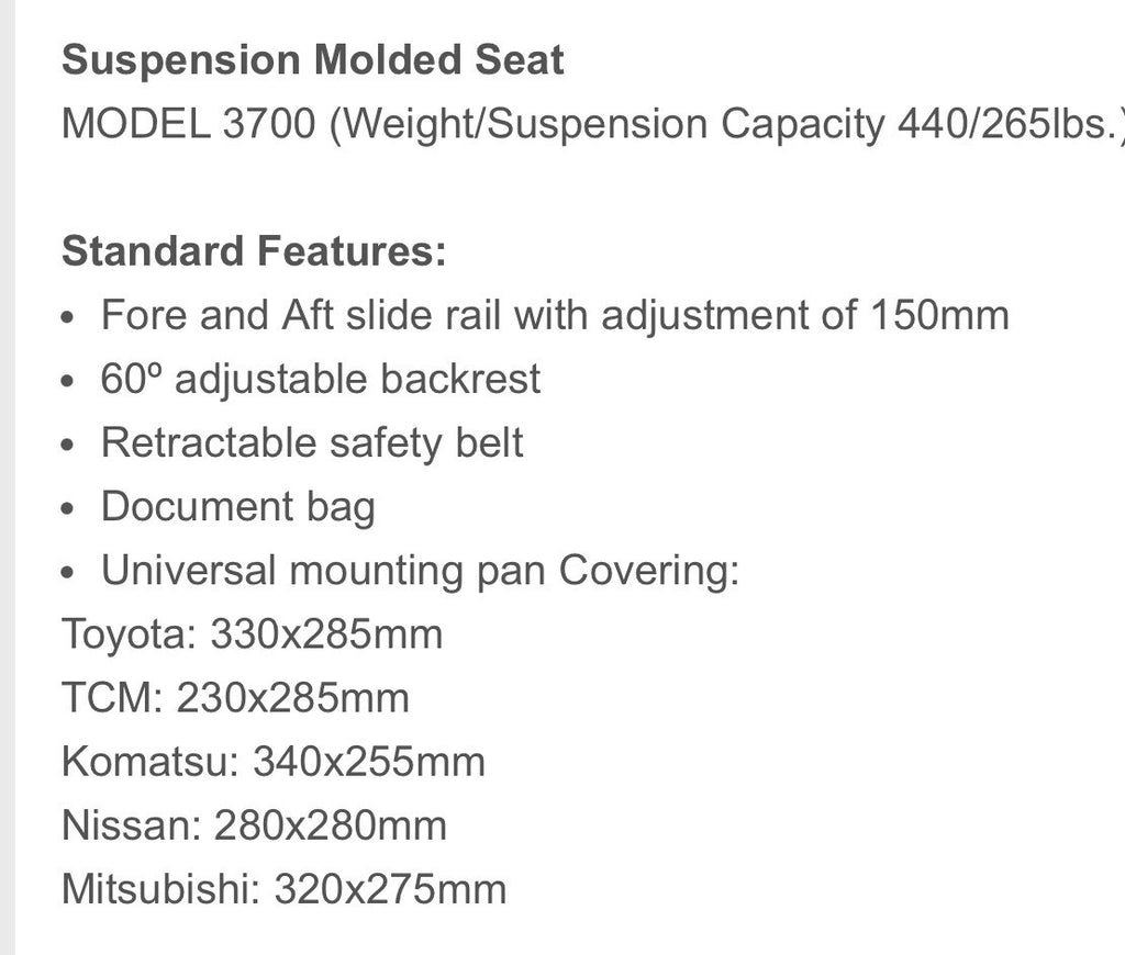 NEW UNIVERSAL FORKLIFT SUSPENSION MOLDED SEAT/SWITCH | BLACK VINYL