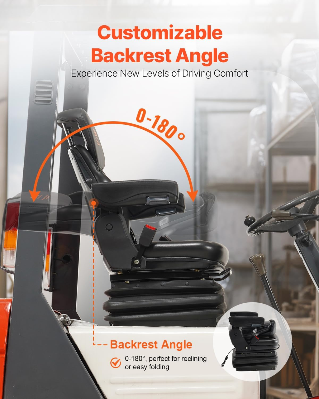Universal Forklift Seat, Tractor Seat with Armrest & Adjustable Backrest