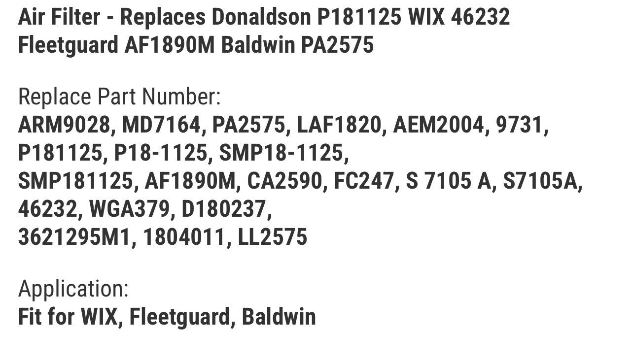 Air Filter - Replaces Donaldson P181125 WIX 46232 Fleetguard AF1890M Baldwin