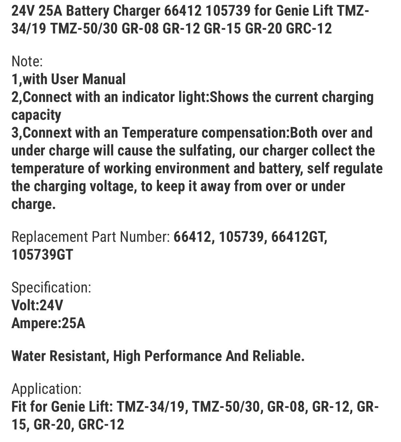 24V 25A Battery Charger 66412 105739 for Genie Lift TMZ-34/19 TMZ-50/30 GR-08
