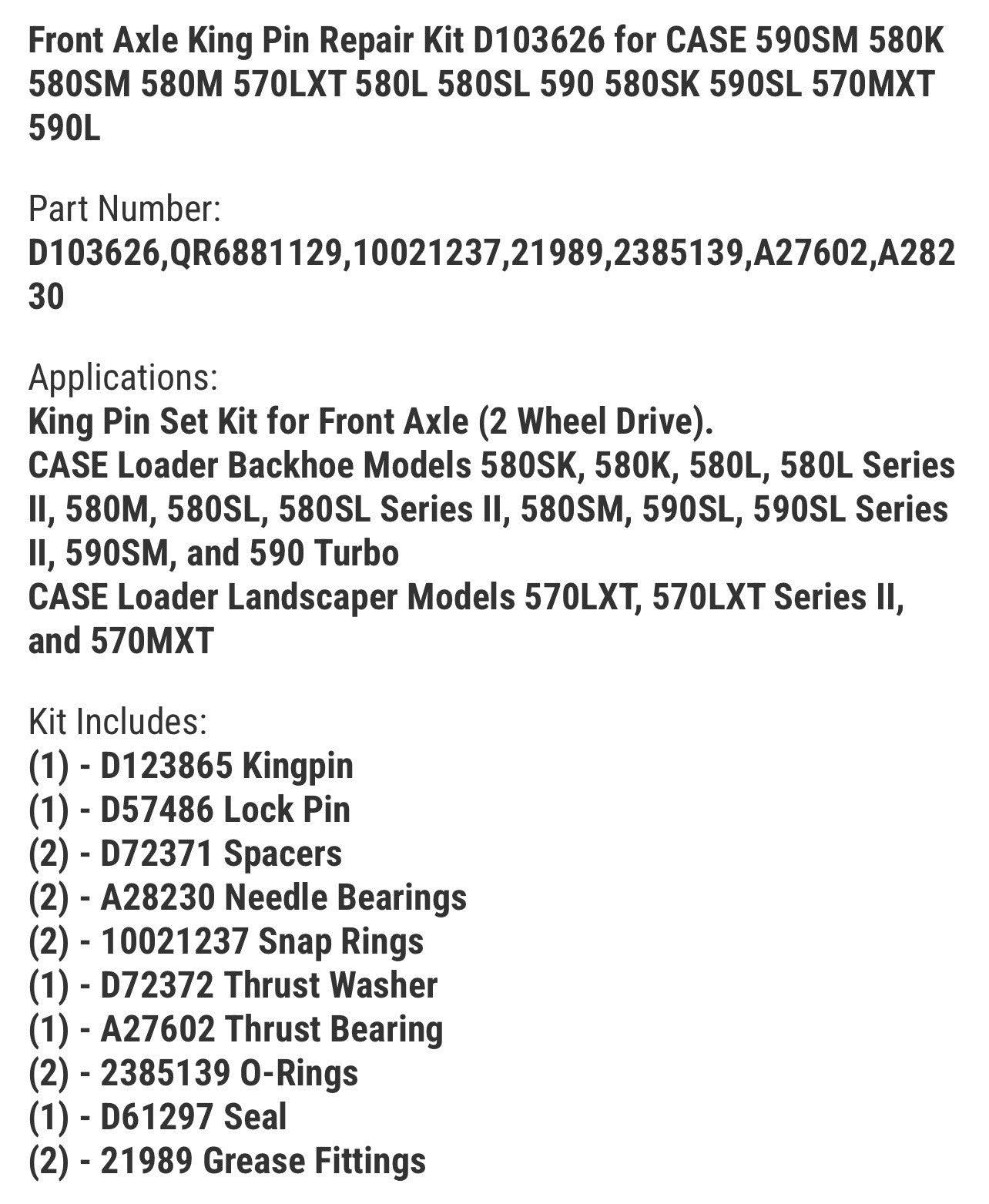 Front Axle King Pin Repair Kit D103626 for CASE 590SM 580K 580SM