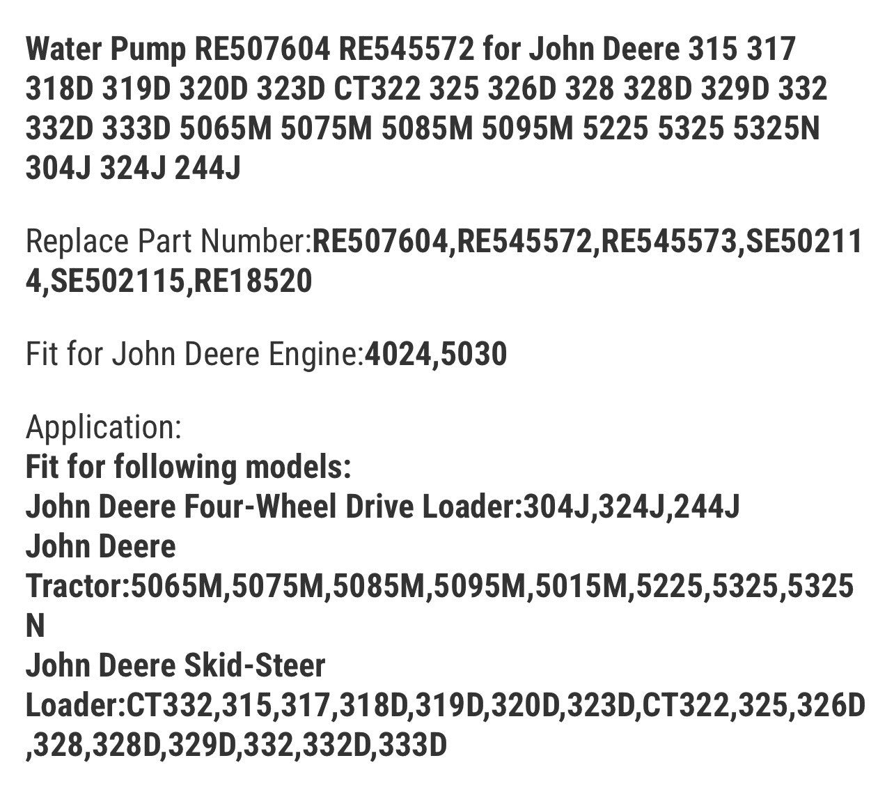 Water Pump RE507604 RE545572 for John Deere 315 317 318D 319D