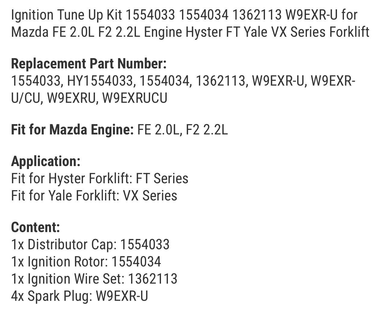 Ignition Tune Up Kit for Mazda FE 2.0L F2 2.2L Engine Hyster FT Yale VX Series