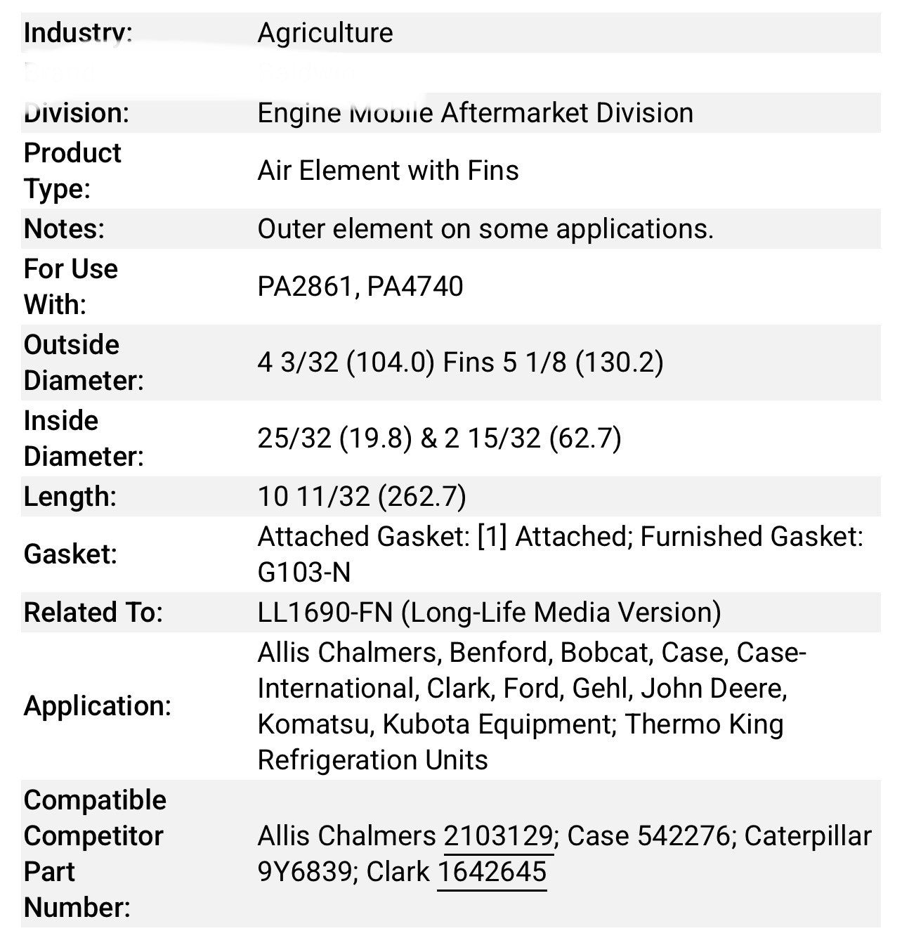 Air Filter Fits Allis Chalmers - 2103129 Baldwin - LL1690FN, PA1690-FN Napa