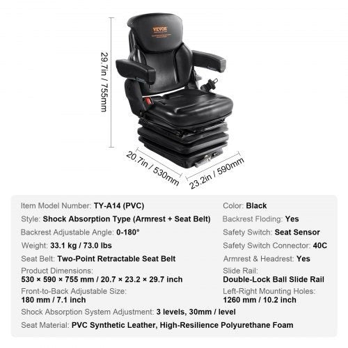 Suspension Adjustable Backrest Armrest With Safety Beltv Forklift Tractor Seat