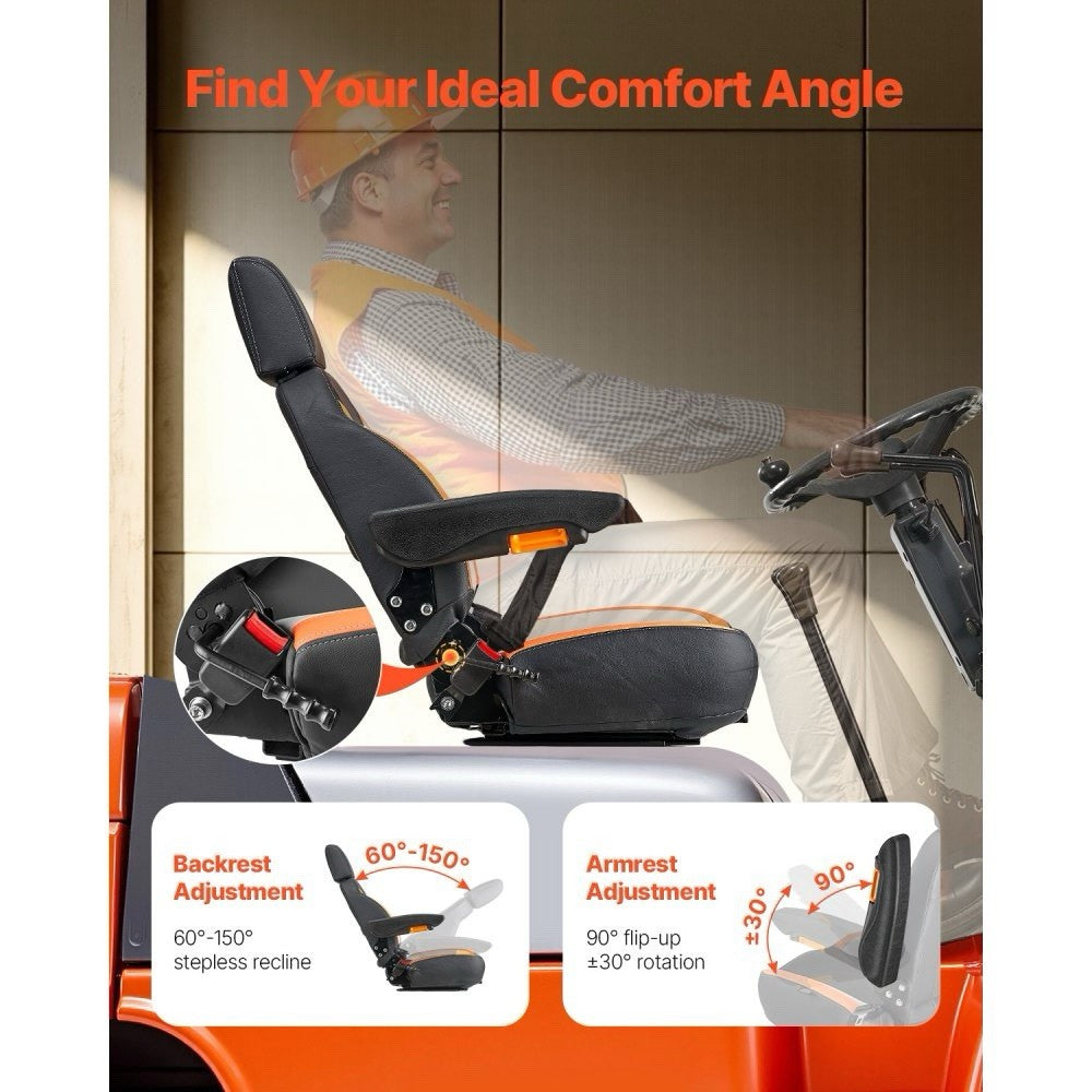 Forklift Seat Mower Tractor Seat Adjustable Back Seatbelt & Headrest Universal