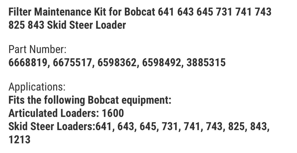 Filter Maintenance Kit for Bobcat 641 643 645 731 741 743 825 843 Skid Steer