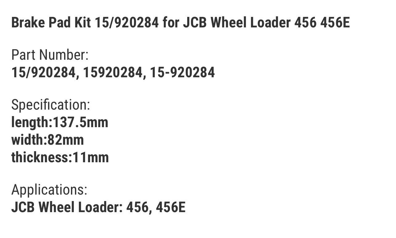 Brake Pad Kit 15/920284 for JCB Wheel Loader 456 456E