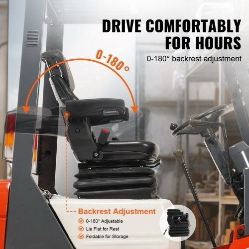 Forklift Tractor Seat Suspension Adjustable Backrest Armrest | Black Vinyl