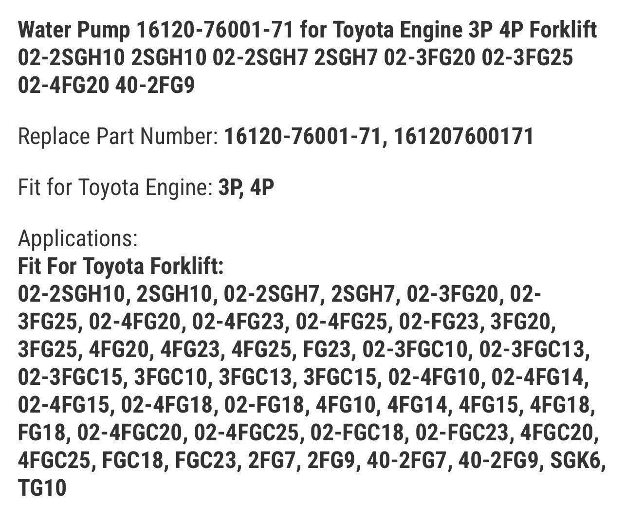 Water Pump 16120-76001-71 for Toyota Engine 3P 4P Forklift