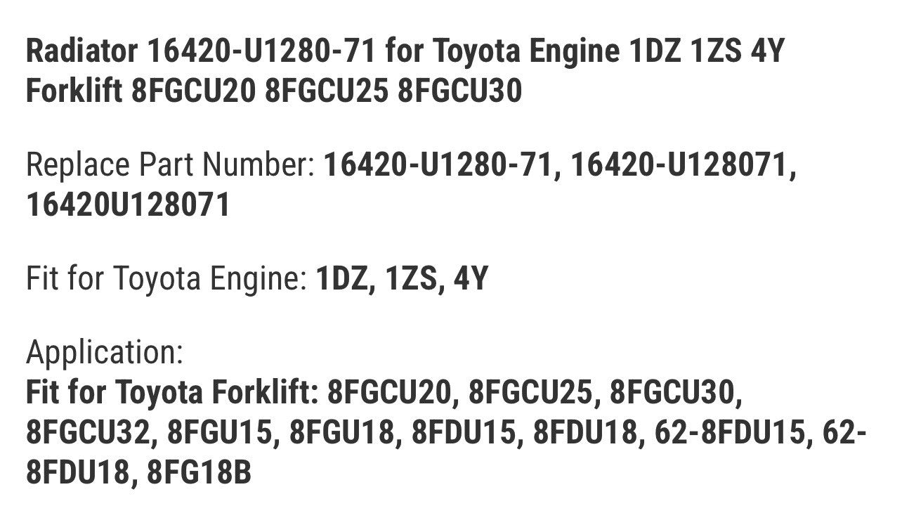 Radiator 16420-U1280-71 for Toyota Engine 1DZ 1ZS 4Y Forklift 8FGCU20/25/30