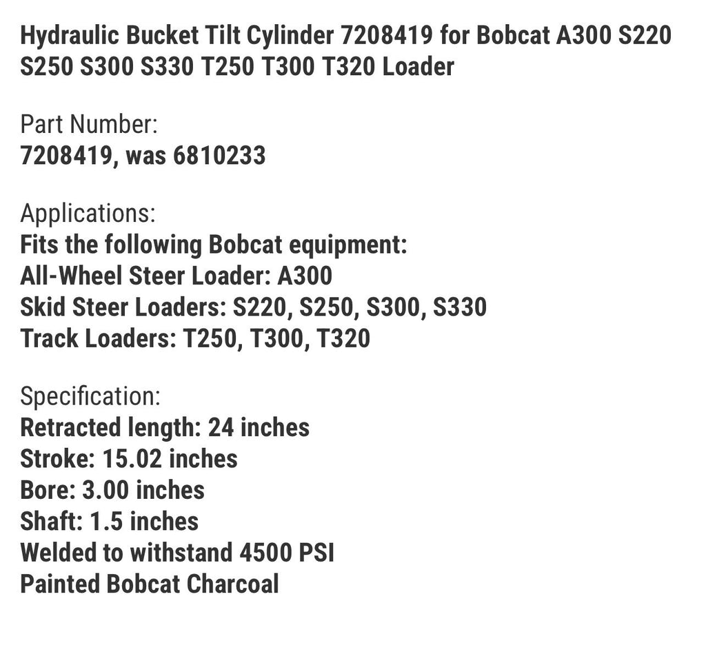 Hydraulic Bucket Tilt Cylinder 7208419 for Bobcat A300 S220 S250 S300