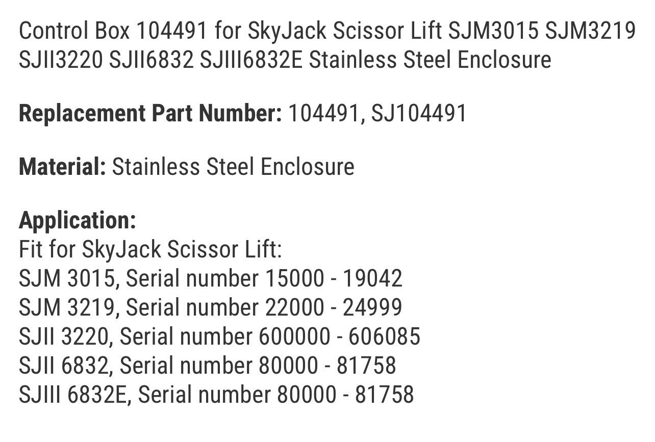 Skyjack 104491, CONTROL BOX SJIII3015, SJIII3219, SJIII3220