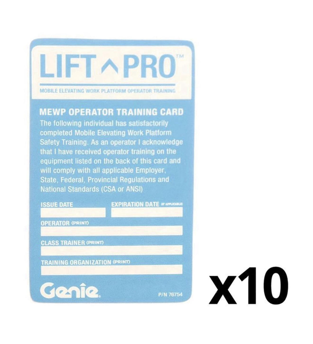 Genie Aerial Operator Training Cards 76754-10GT Blue AWP 10 Pack