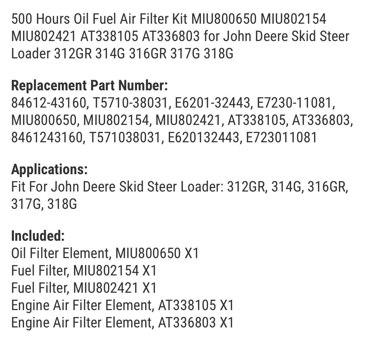 Air Filter Kit MIU800650 for John Deere Skid Steer Loader 312GR 314G