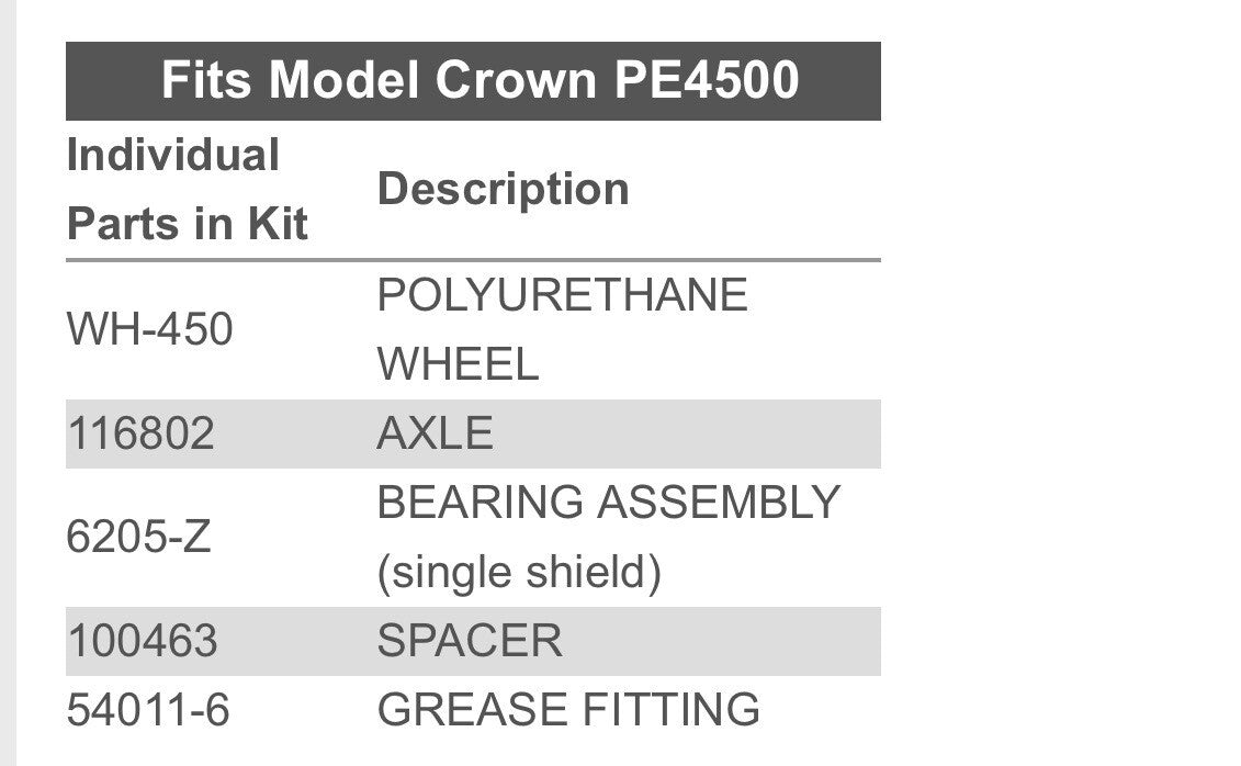 Load Wheel Kit for Crown Model PE 4500 PE4500 PE-4500