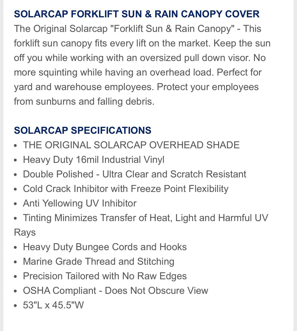 UNIVERSAL FORKLIFT SOLAR CAP | 53"L x 45.5"W | FITS ALL MODELS